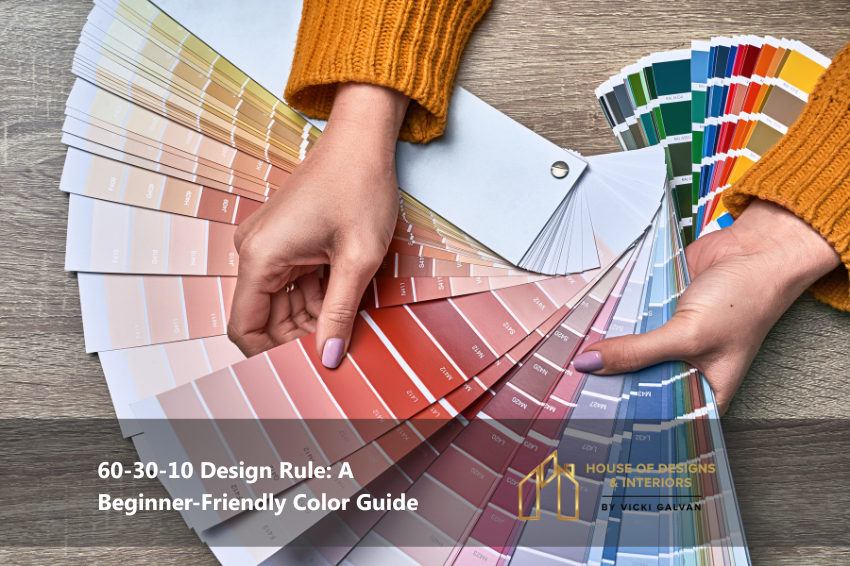 hands selecting color swatches to illustrate the 60-30-10 design rule in interior design